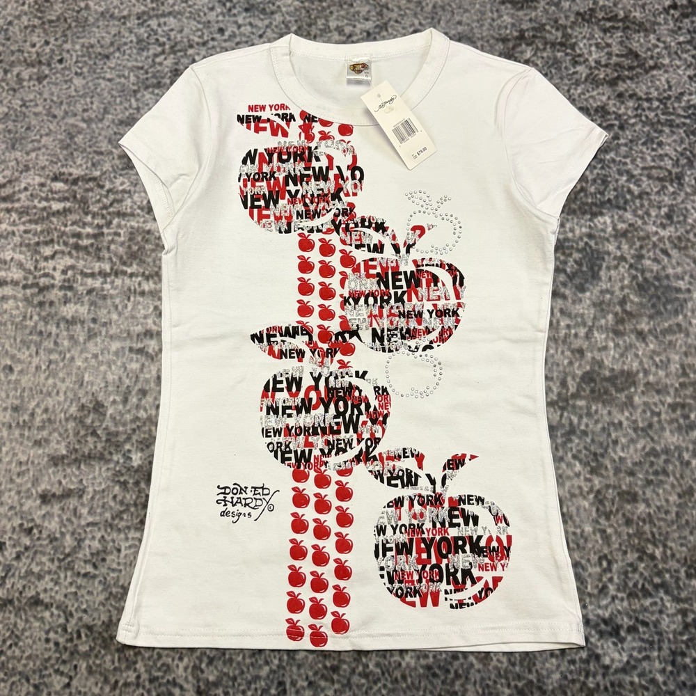 NWT Ed Hardy Short Sleeve Top Womens XL White New York Big Apple Grunge Y2K